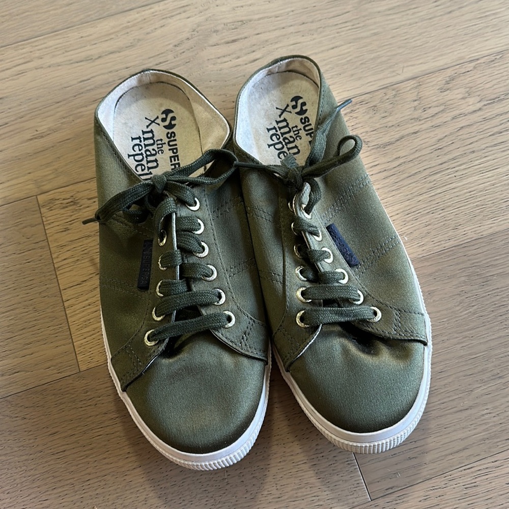 Superga X The Man Repeller green satin slides